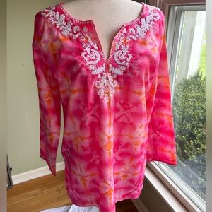 J.Jill Size S woman’s tunic/swim coverup. Pink/orange tie dye white beaded trim